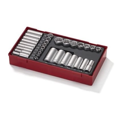 Teng Tools 32 Piece 1/4 Inch & 3/8 Inch Drive 12 Point SAE Shallow & Deep Chrome Vanadium Socket Set TTAF3212